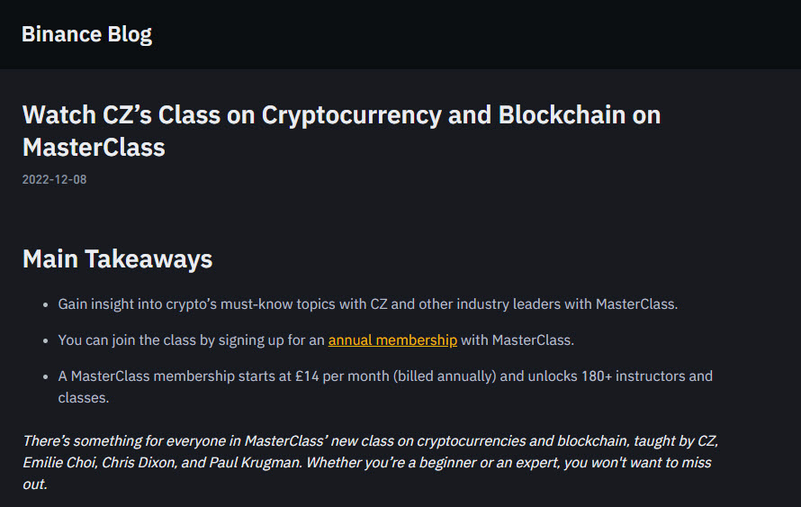 Watch CZ’s Class on Cryptocurrency and Blockchain on MasterClass