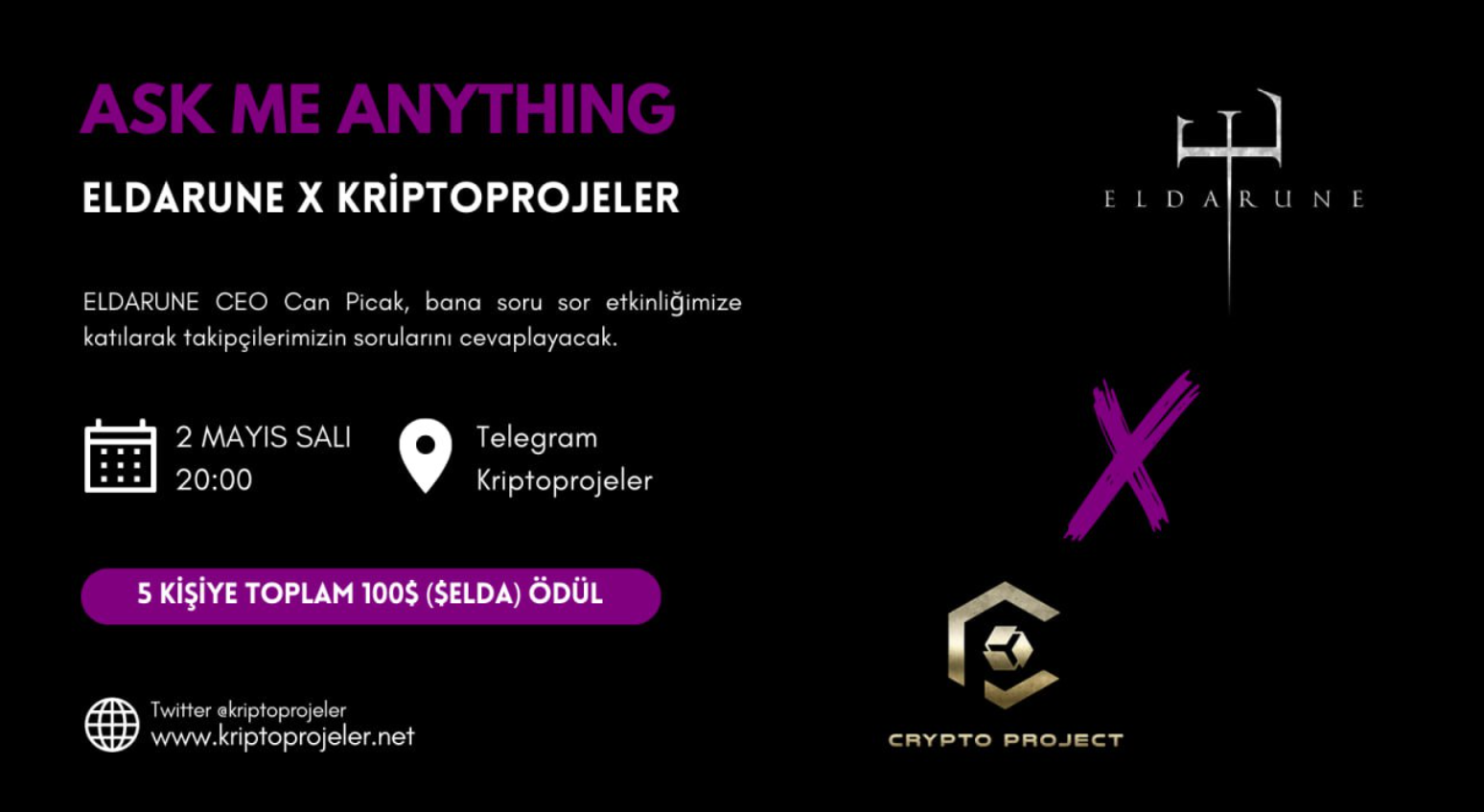 @kriptoprojeler  kanalında  @PlayEldarune  ile ödüllü A.M.A oturumu gerçekleştireceğiz.