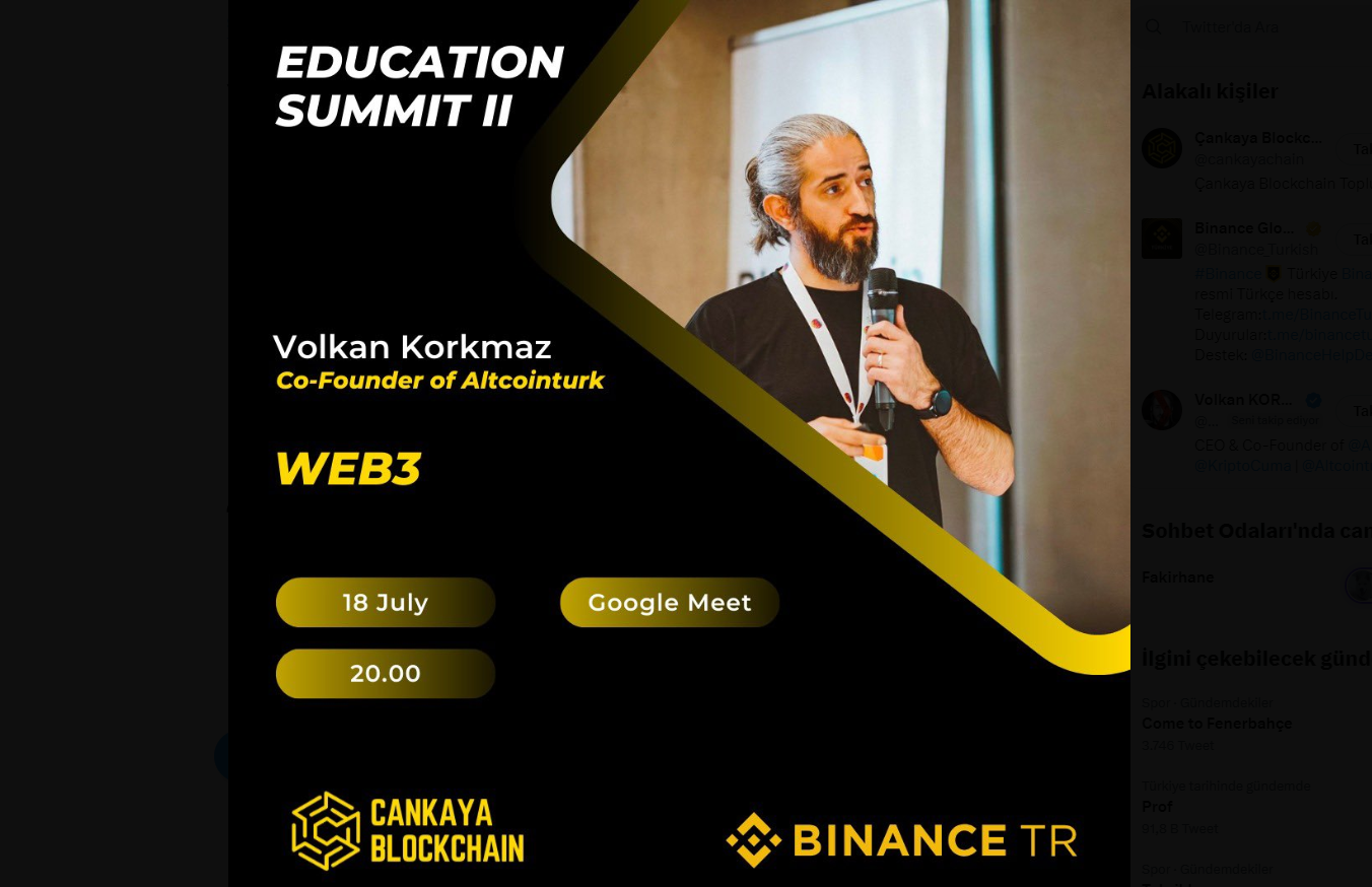  Çankaya Blockchain ve Binance Turkish Ortaklığıyla Education Summit II Etkinliği: Volkan Korkmaz ile Blockchain Eğitimi!